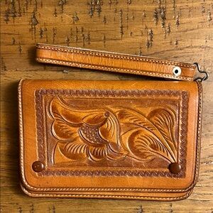 Vintage hand-tooled Mexican leather wallet with a floral design